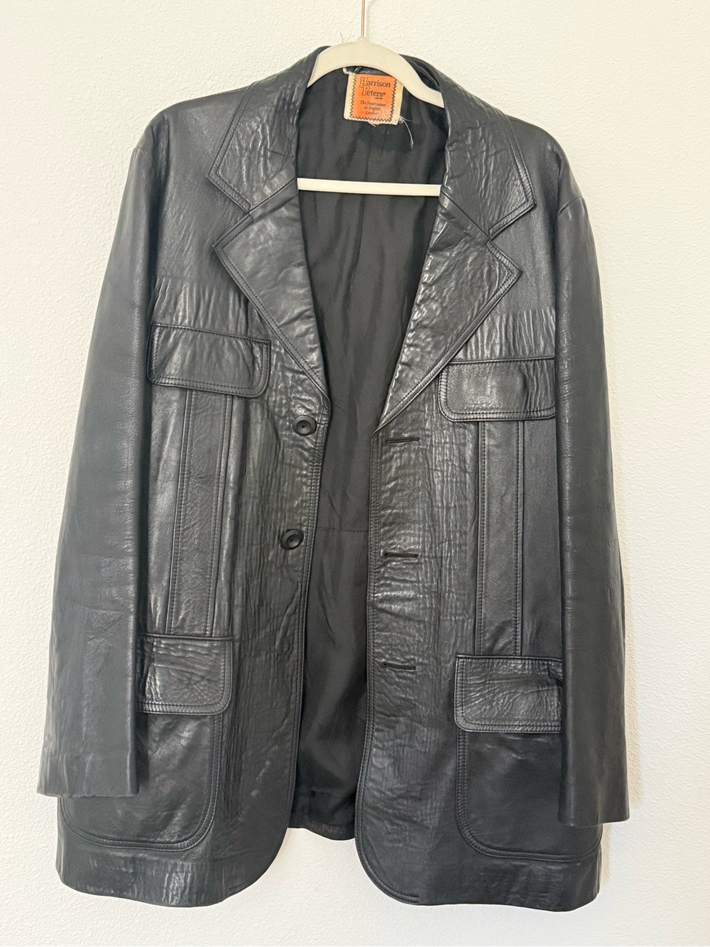 Vintage 70s Harrison Peters Black Leather Jacket Men's L Leisure Coat Retro MC